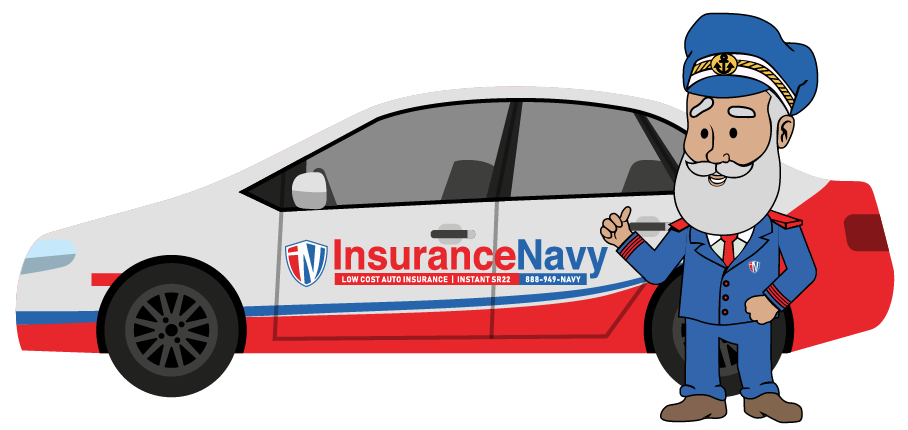 insurance navy mascot the admiral next to a car